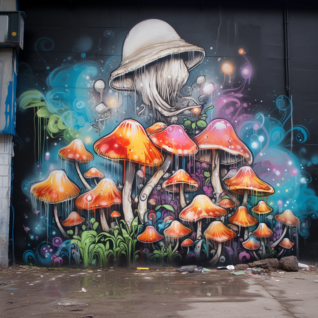 Graffiti with Fluorescent Mushrooms on Concrete Wall