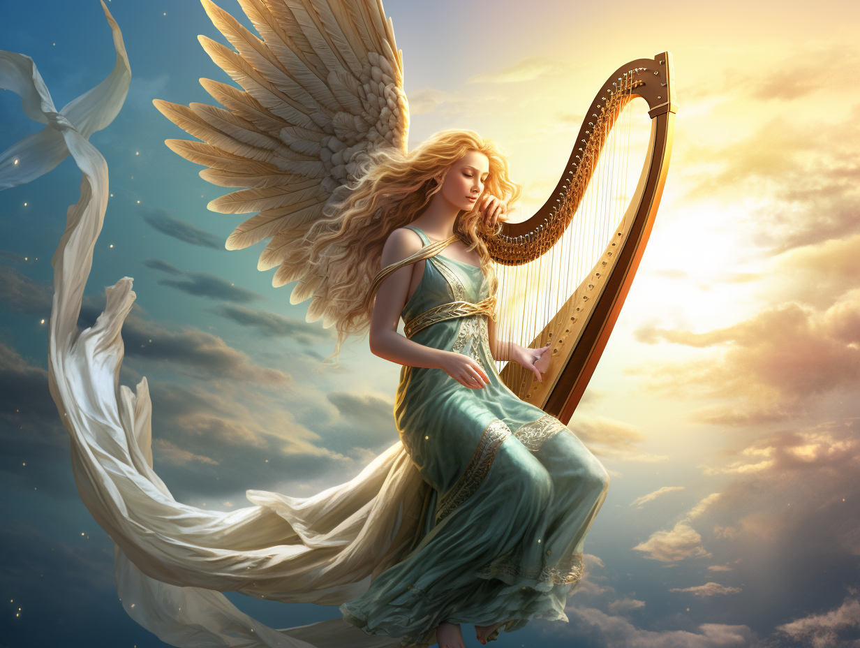 Flying Angel Playing Harp Art