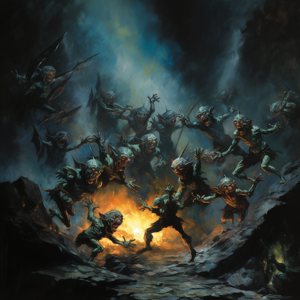 Swarming fire goblins surround distressed blue naiad