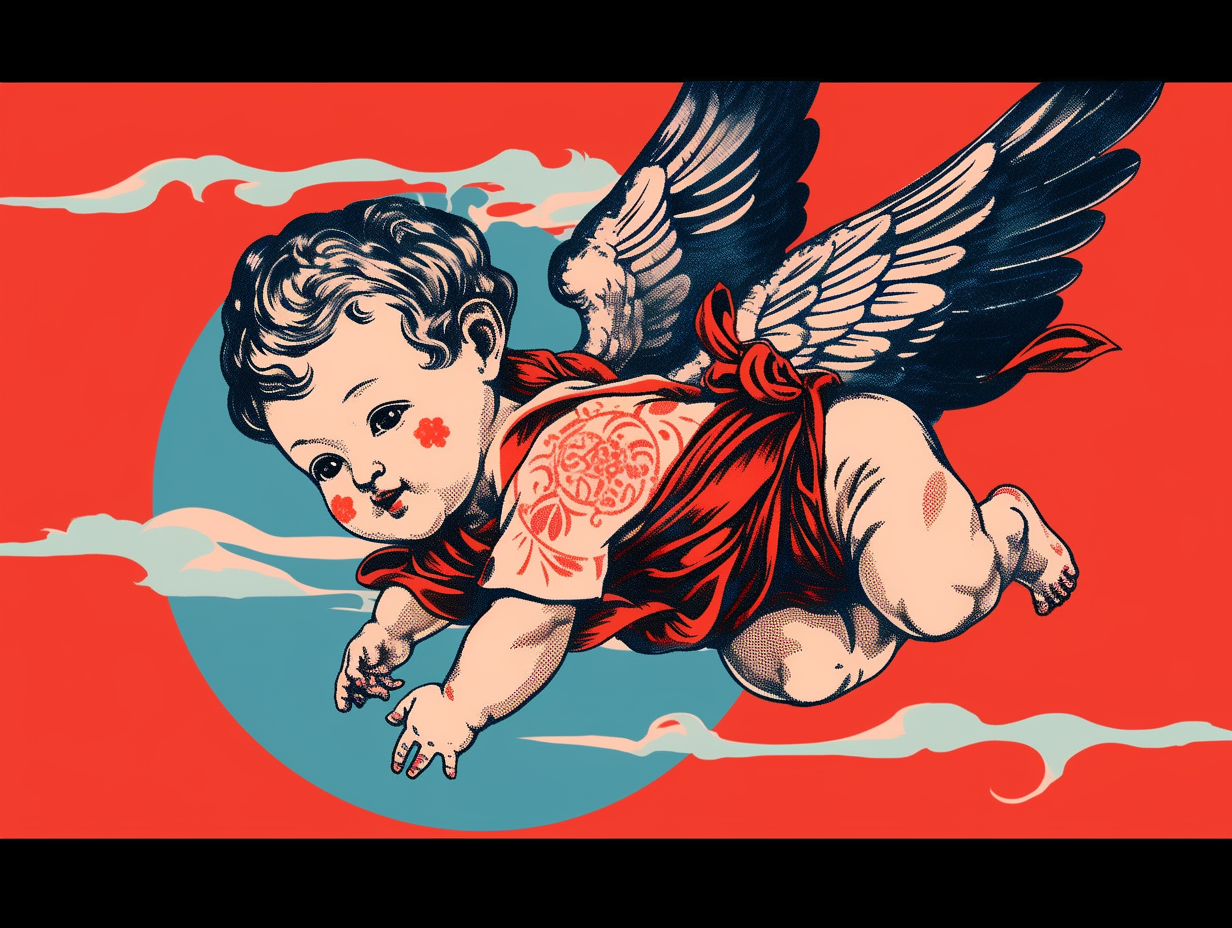 Adorable baby cupid with wings and bow