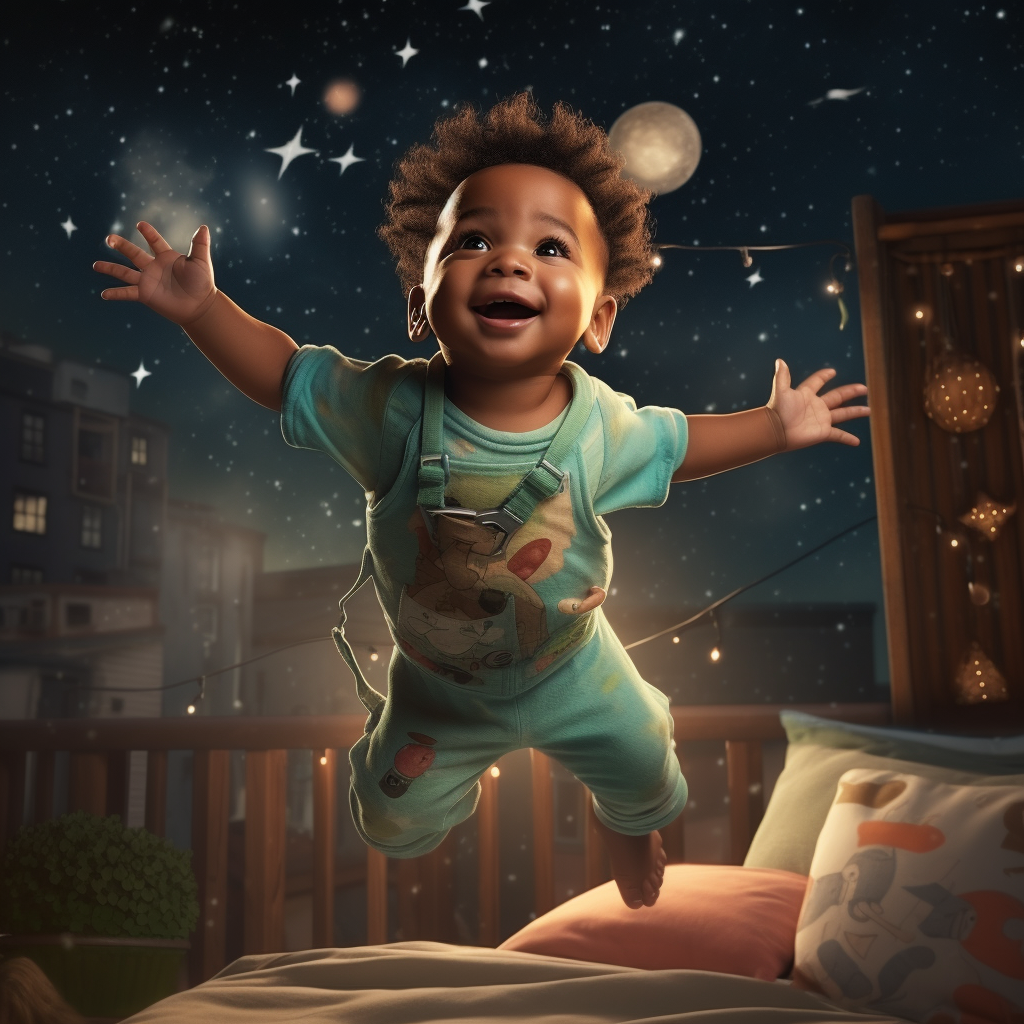 Adorable baby flying in colorful space