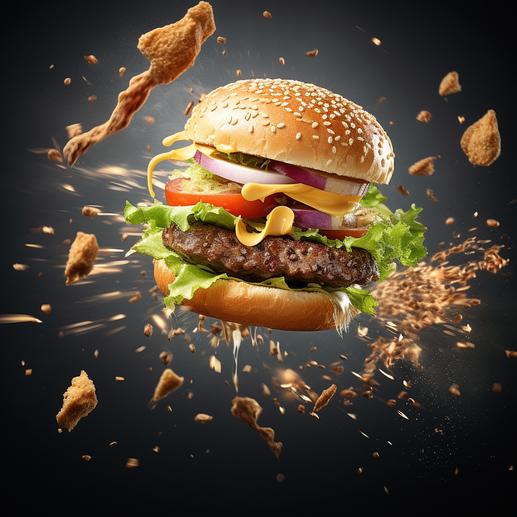 Beef burger ingredients falling into the bun