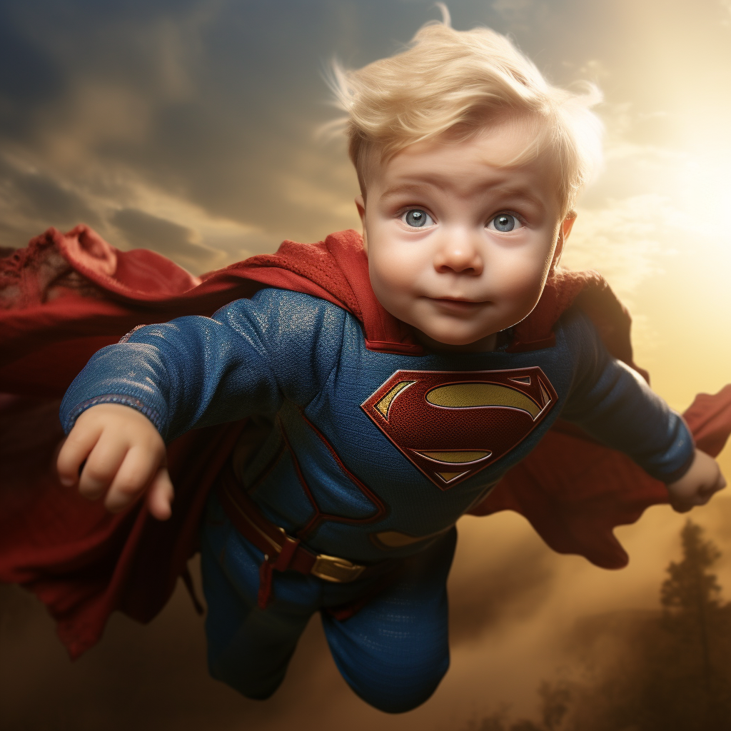 Superman baby flying through the sky