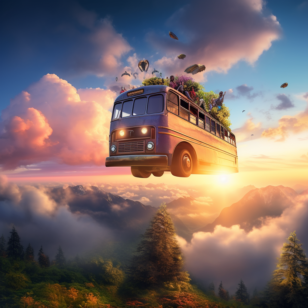 Bus flying at sunrise