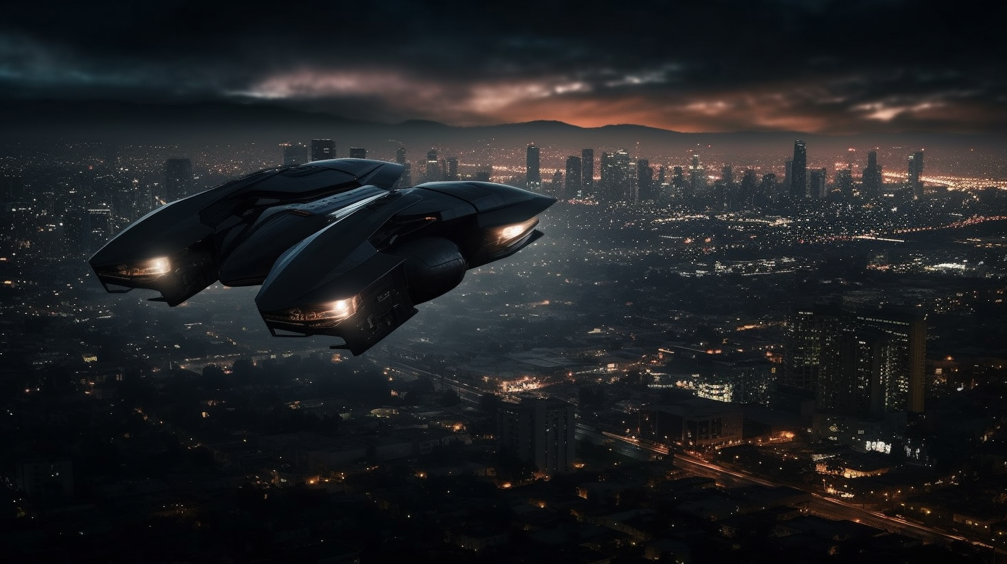 Flying car in Los Angeles at night