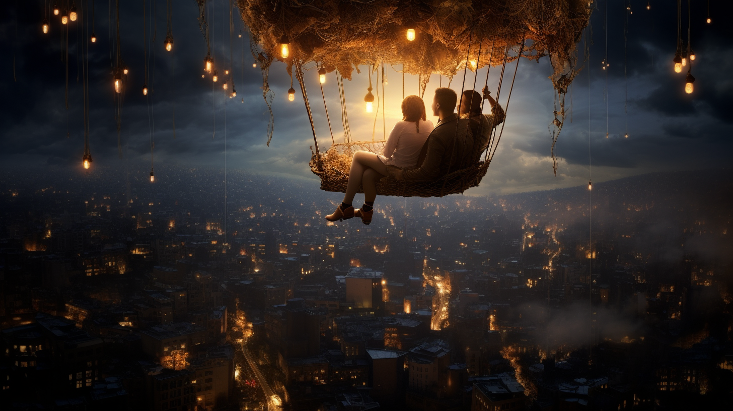 Couple on Flying Chair Above City