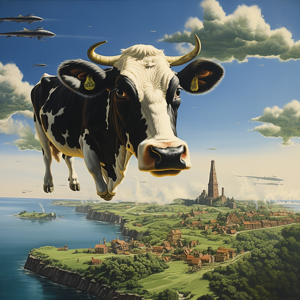 Cow flying over an island