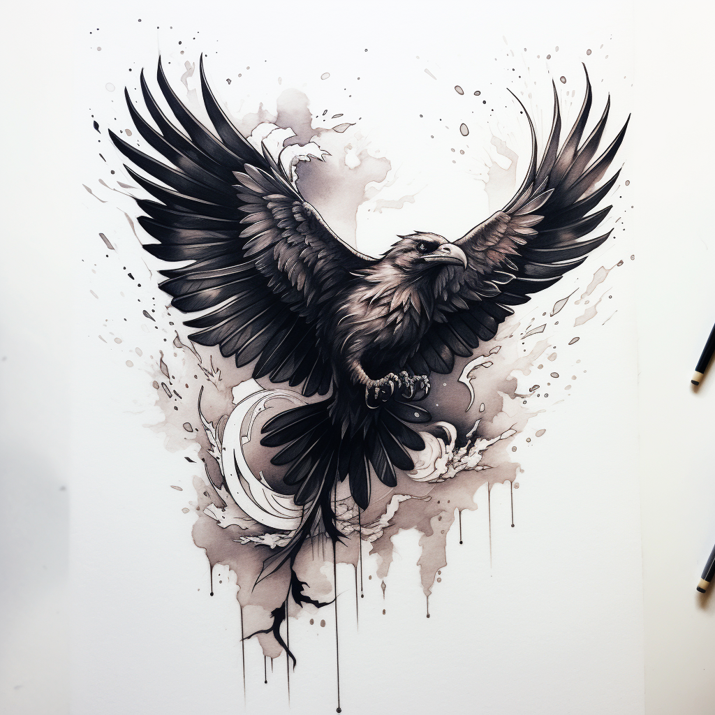 Flying crow tattoo design on white paper