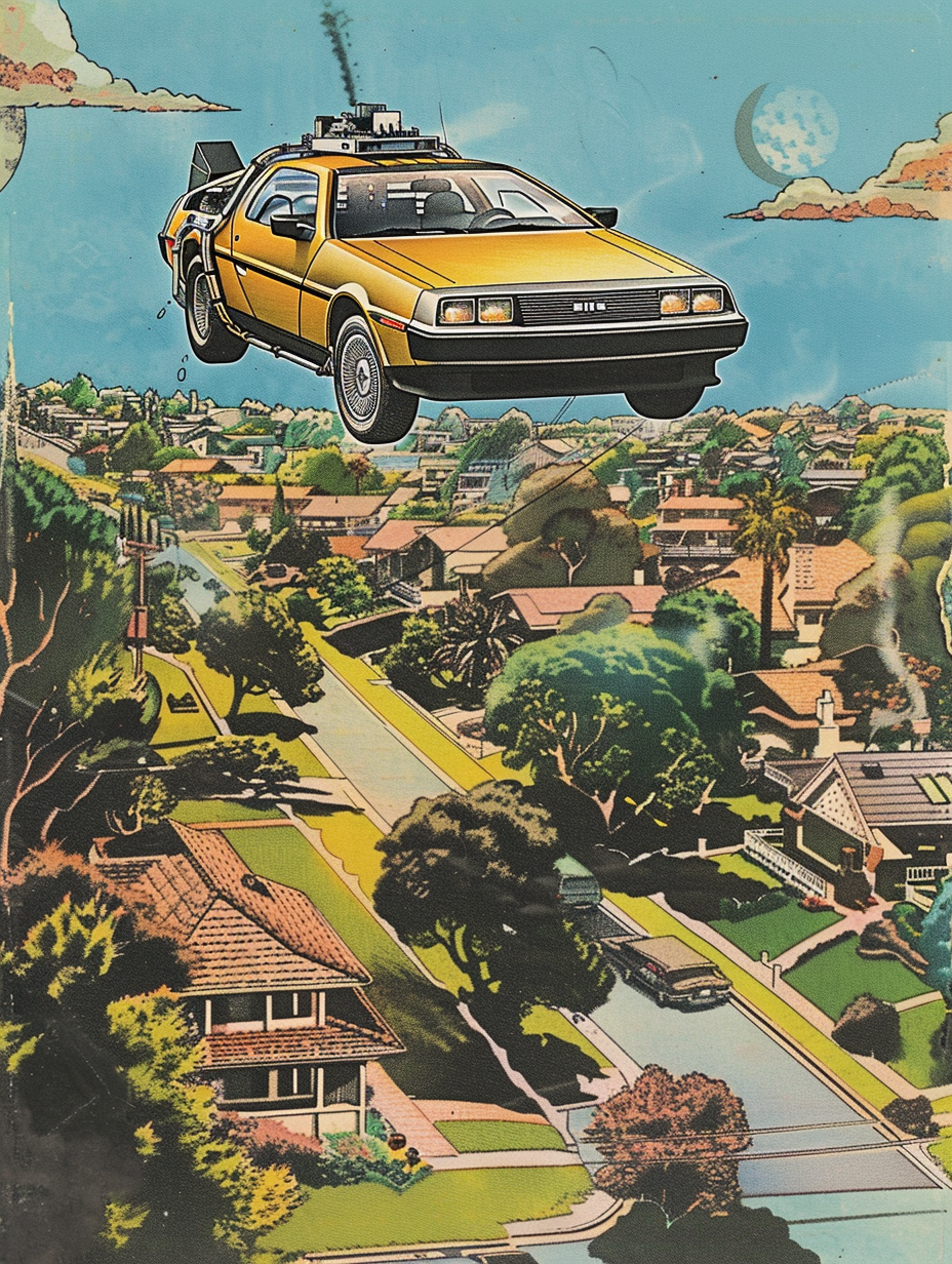 Comic Delorean Flying Suburbs Art