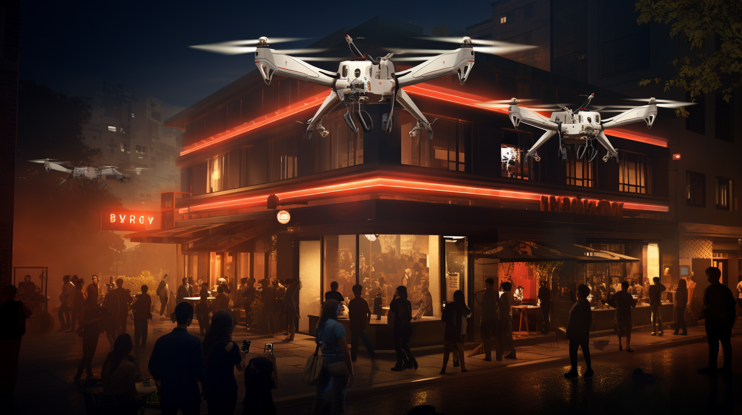 Futuristic flying drone projecting ads