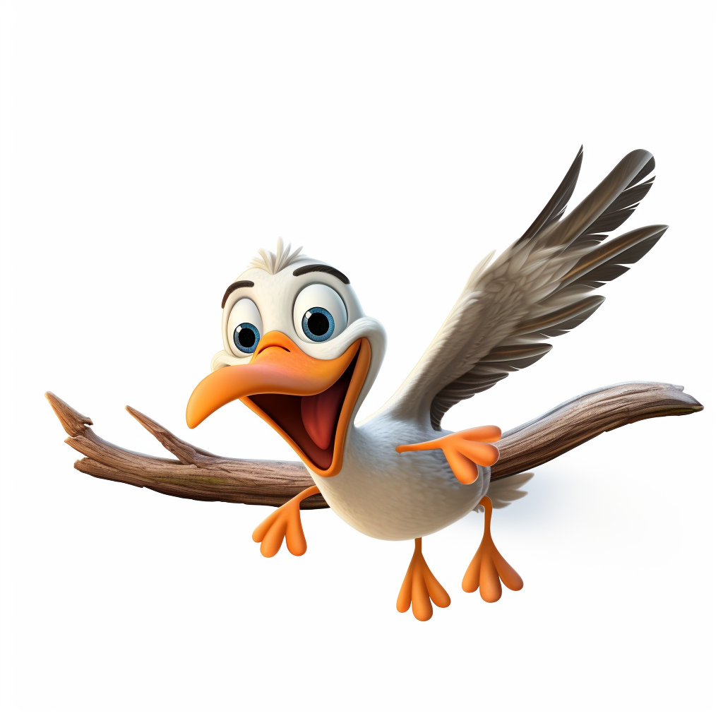 Adorable flying cartoon duck with branch