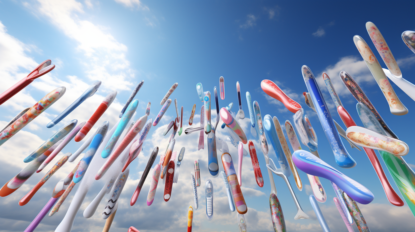 Electric toothbrushes flying in midair