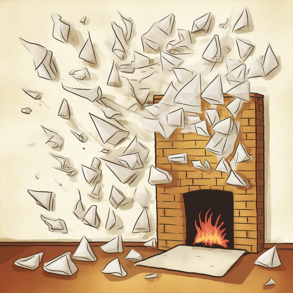 Cartoon-style envelopes flying from unlit fireplace