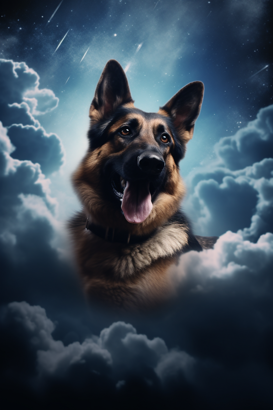 Happy German Shepard flying under the moon