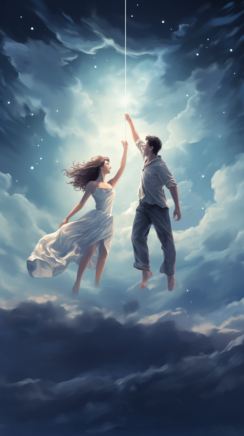 Couple holding hands and flying under moonlit sky