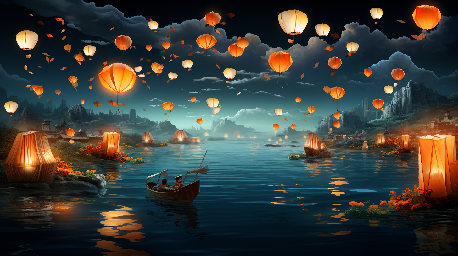 Colorful flying lanterns lighting up the night