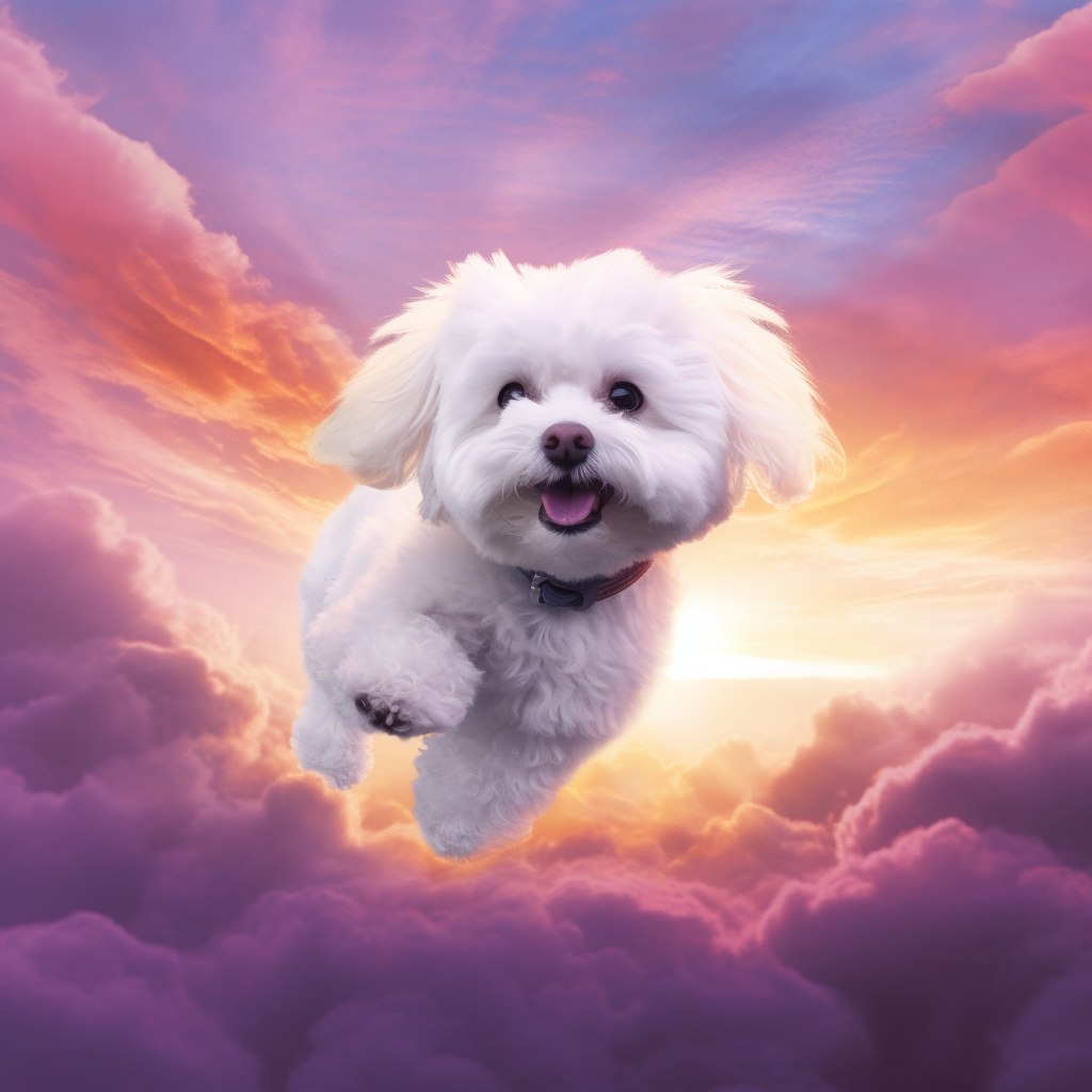 Adorable Maltipoo flying in a purple sky