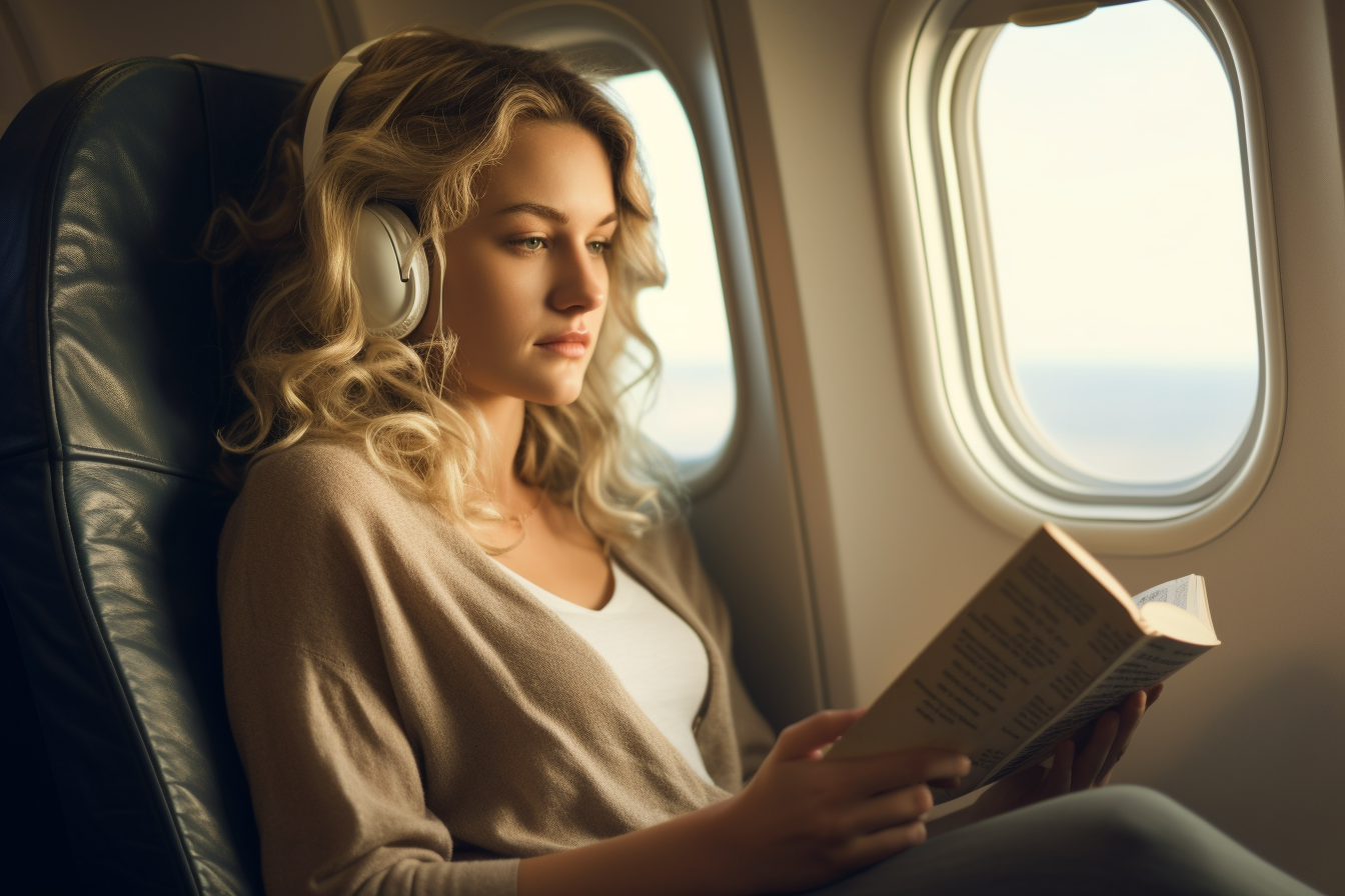 Anxious woman reading book on airplane