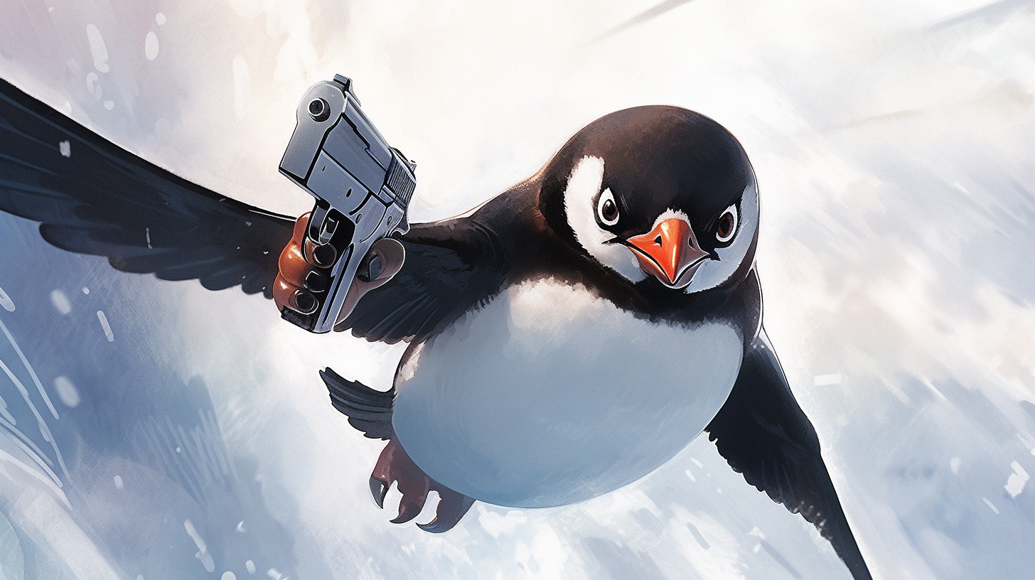 Flying Penguin with Pistol Art