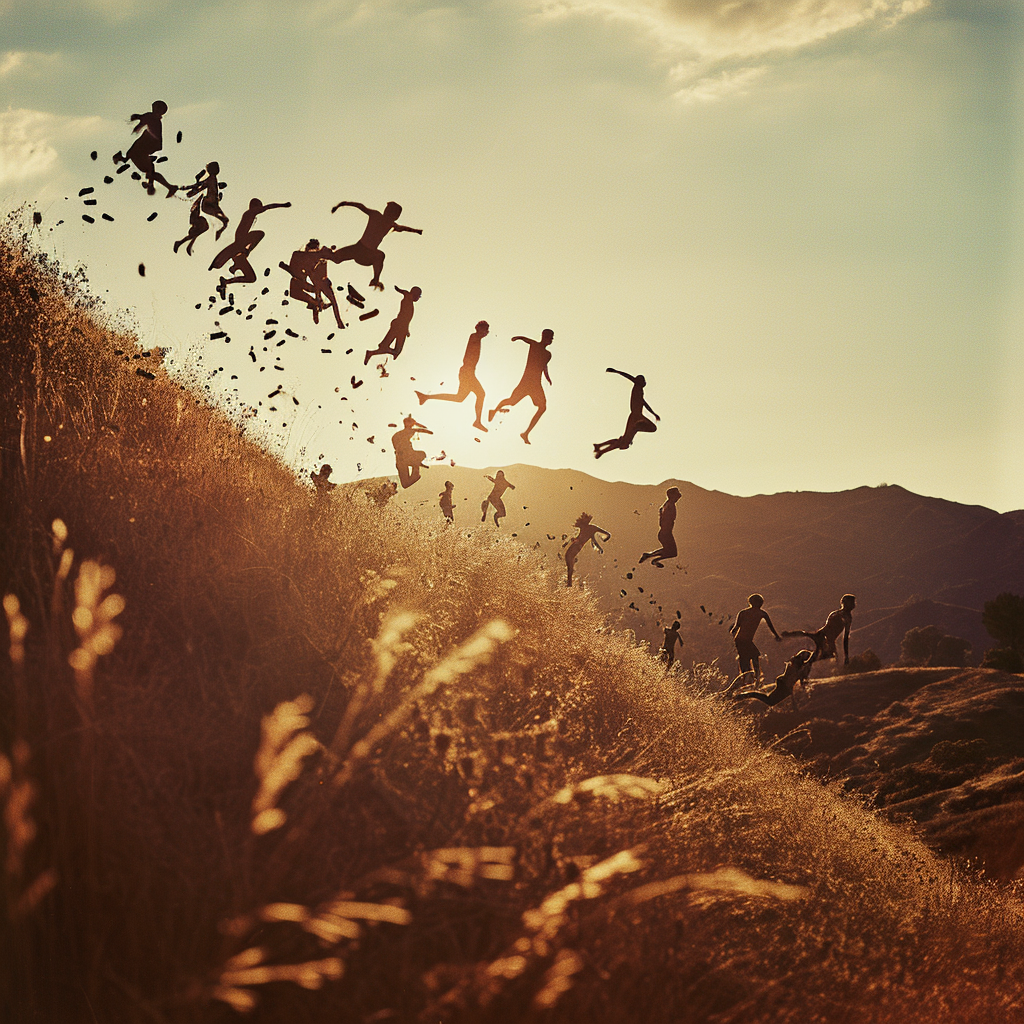 Group of people flying above grass hills in California