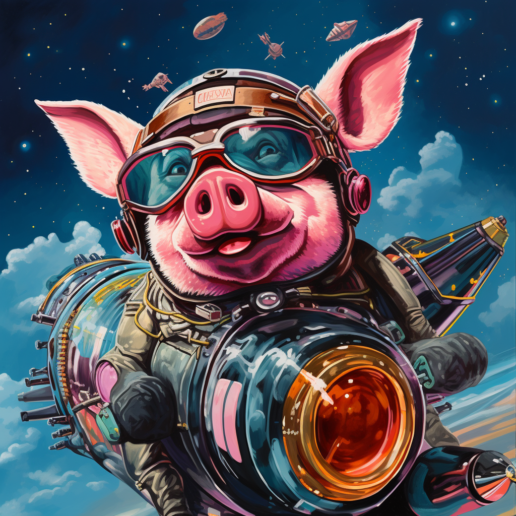 Adventurous pig wearing goggles flying on rocket