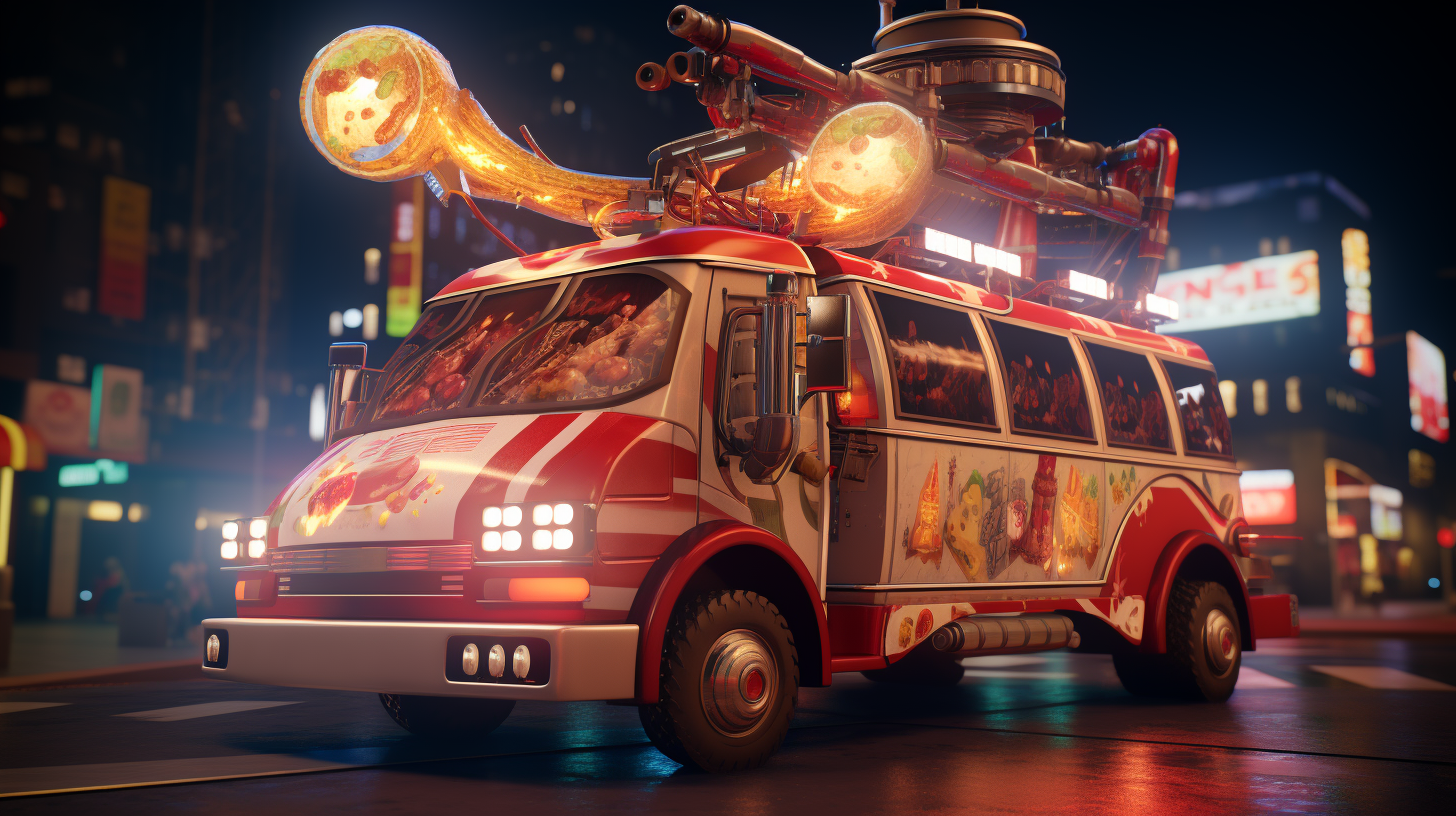 Stylized flying pizza delivery vehicle in lights