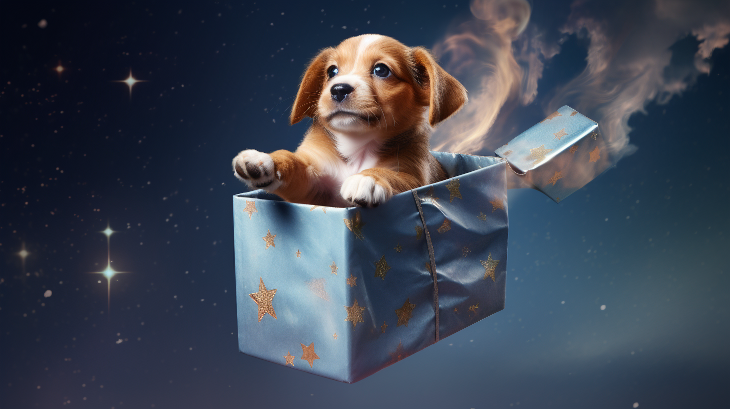 Cute puppy flying in a gift box