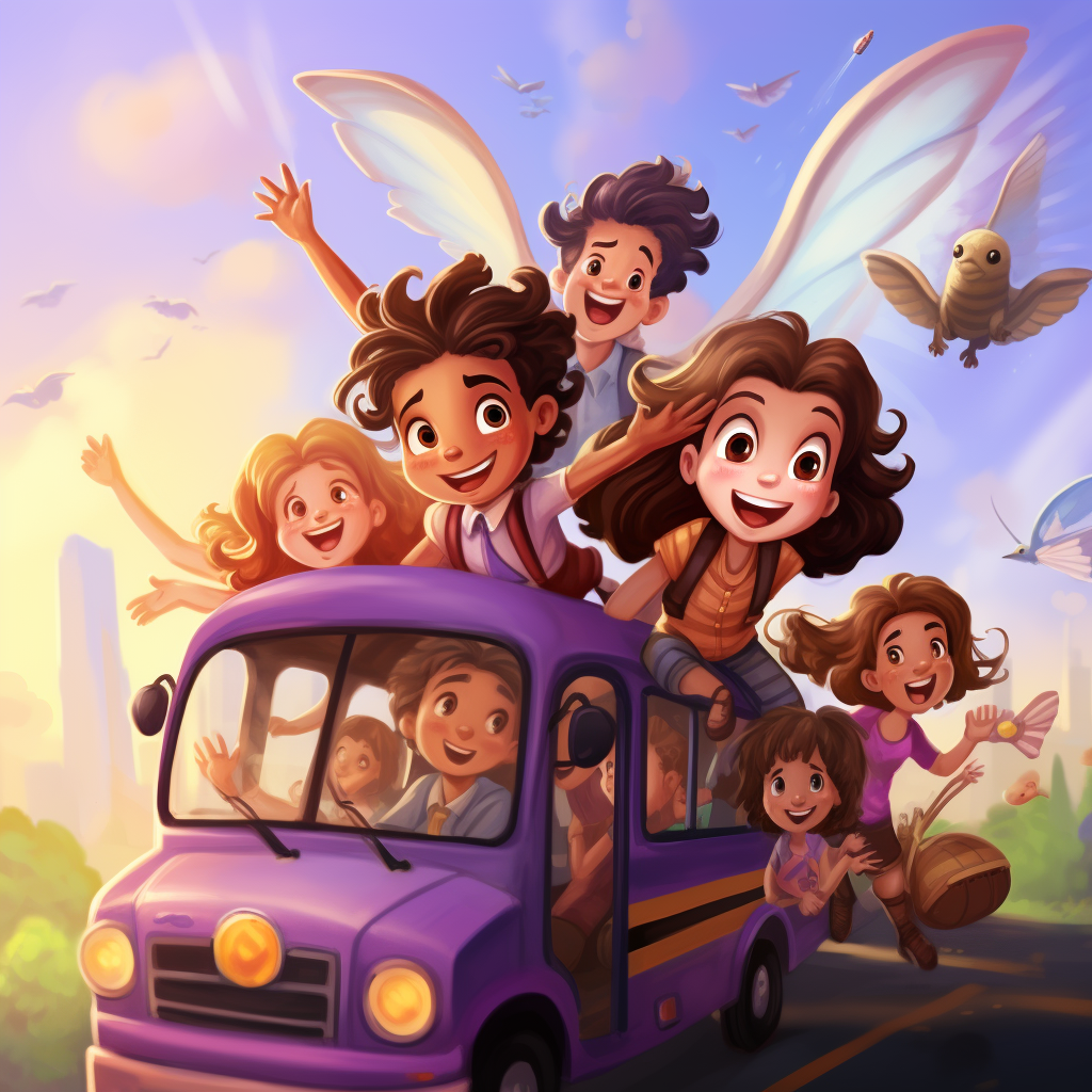 Illustration of a Flying Purple School Bus