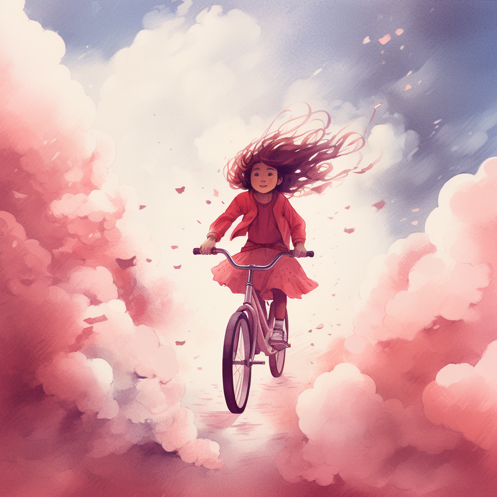 Little girl on a red bicycle in the clouds