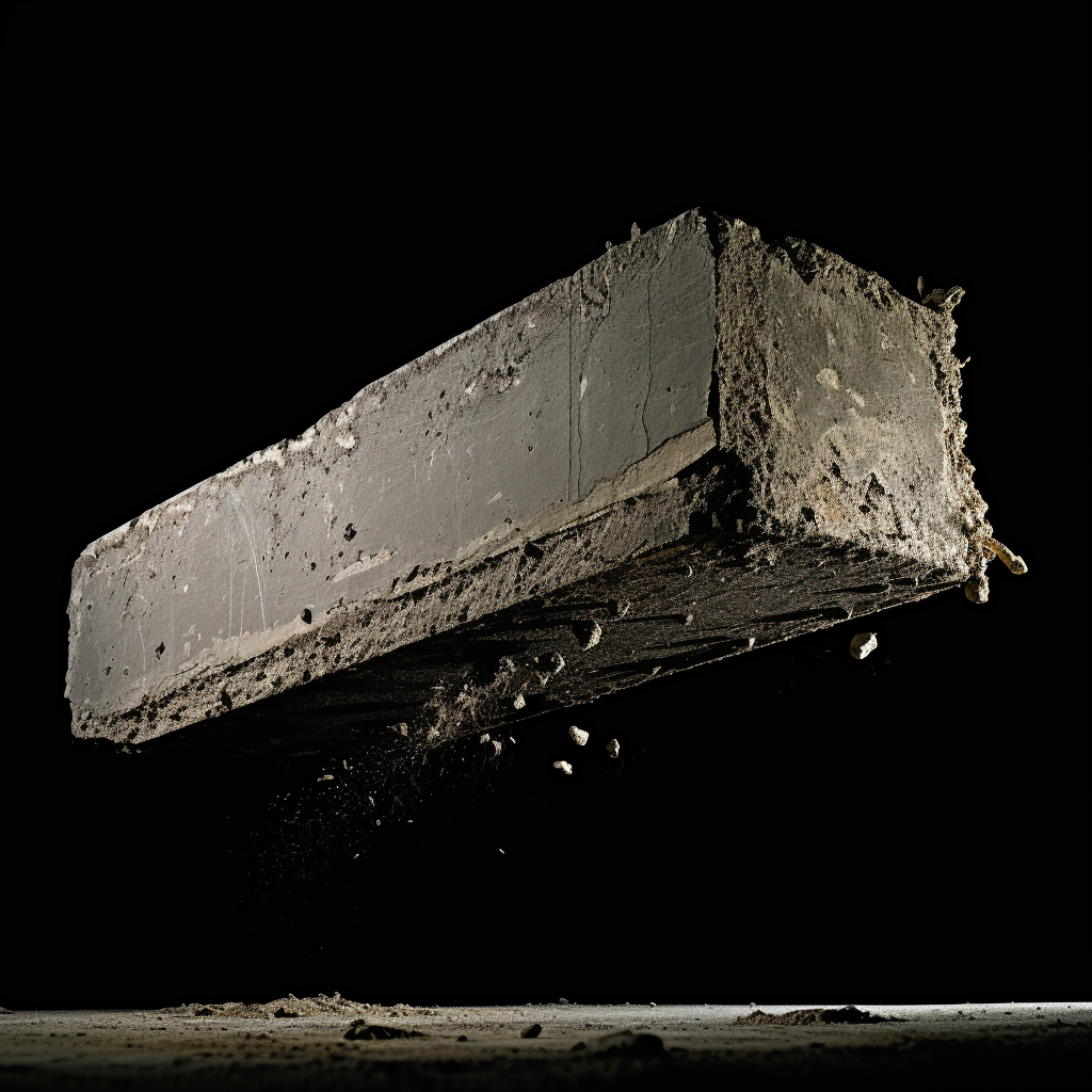 Flying reinforced concrete fragment on black background