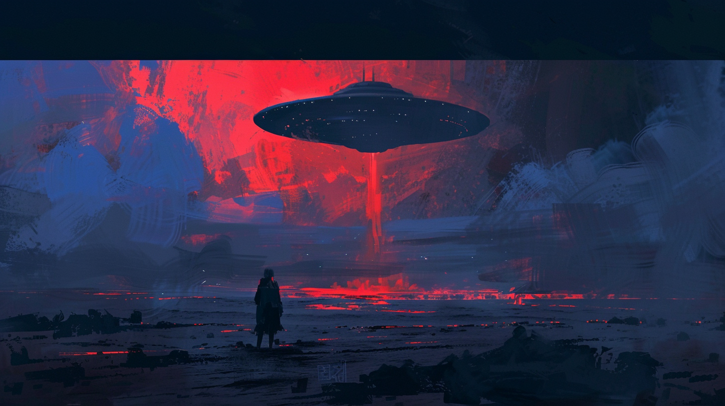 Flying saucer in red night sky