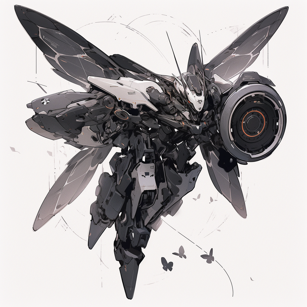 Small flying sci-fi robot with insect wings and one eye