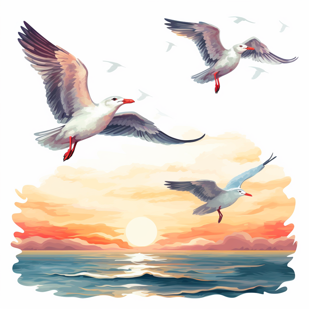 Majestic Seagulls Soaring at Sunset