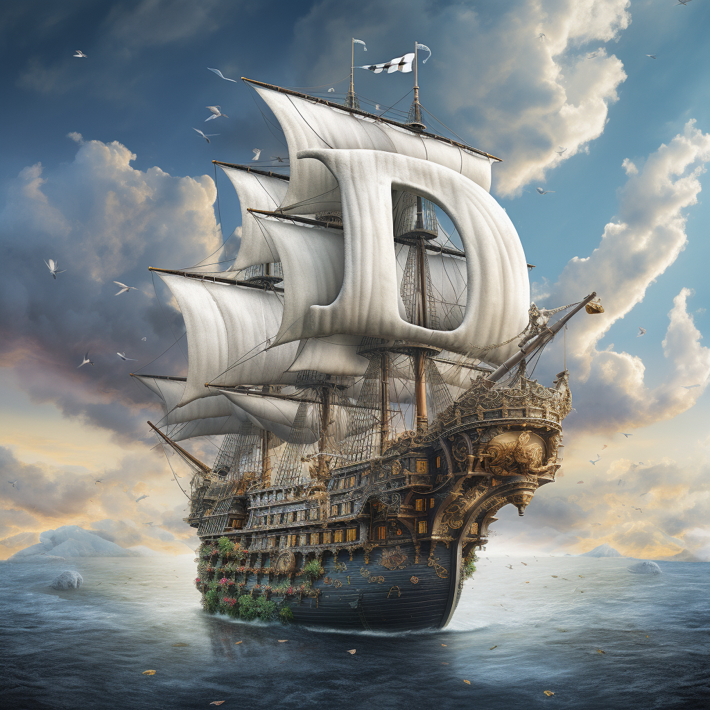 Flying ship with pirates sailing through silver clouds