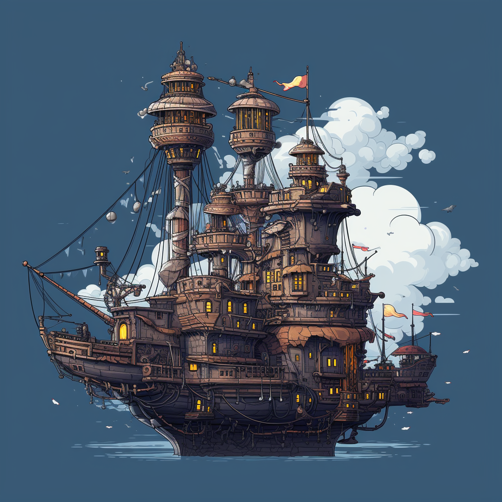 Pixel Art of a Flying Steampunk Pirate Ship