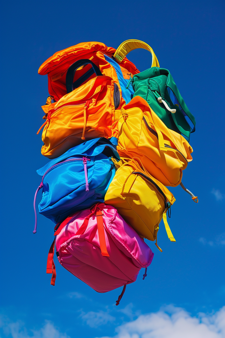 Colorful flying turning backpack sky