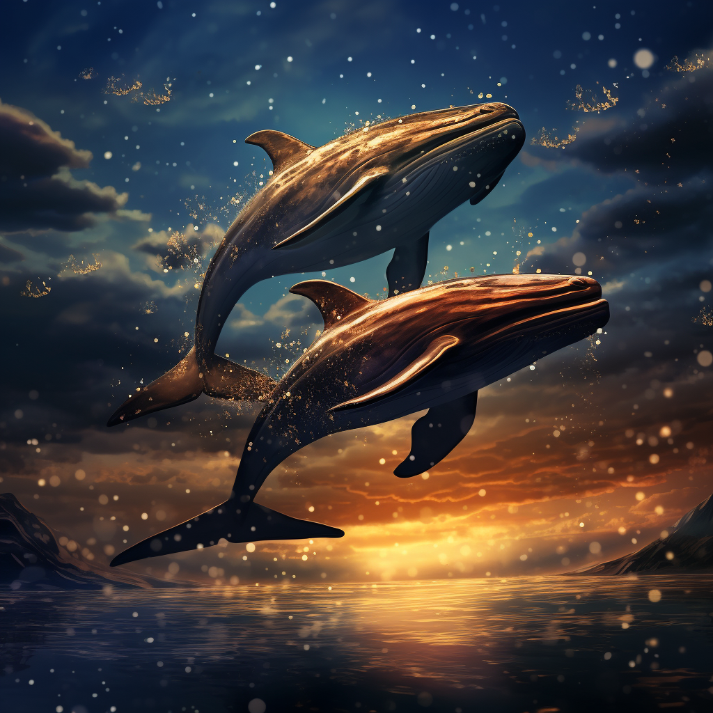 Whales soaring through the starry night sky