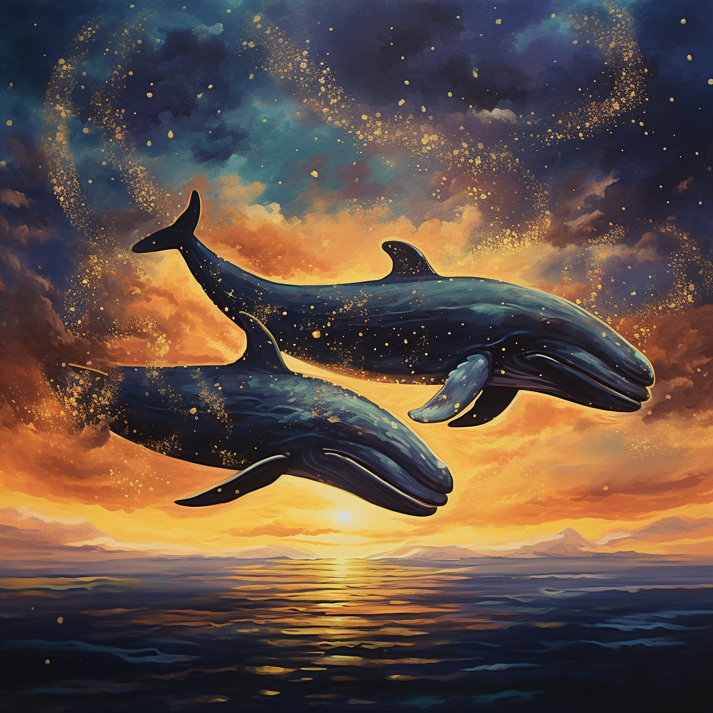 Whales flying in golden sunset sky