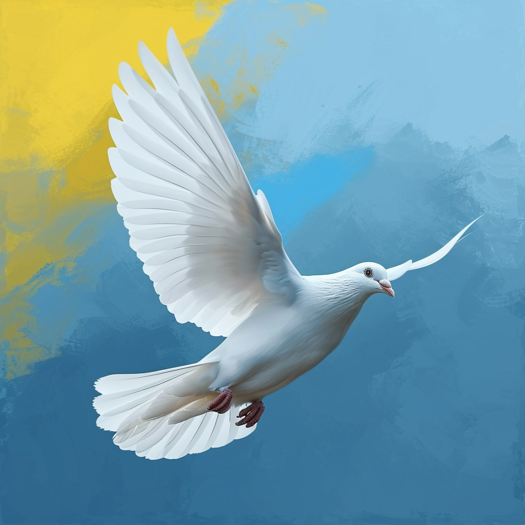 Beautiful flying white dove on Ukrainian flag colors