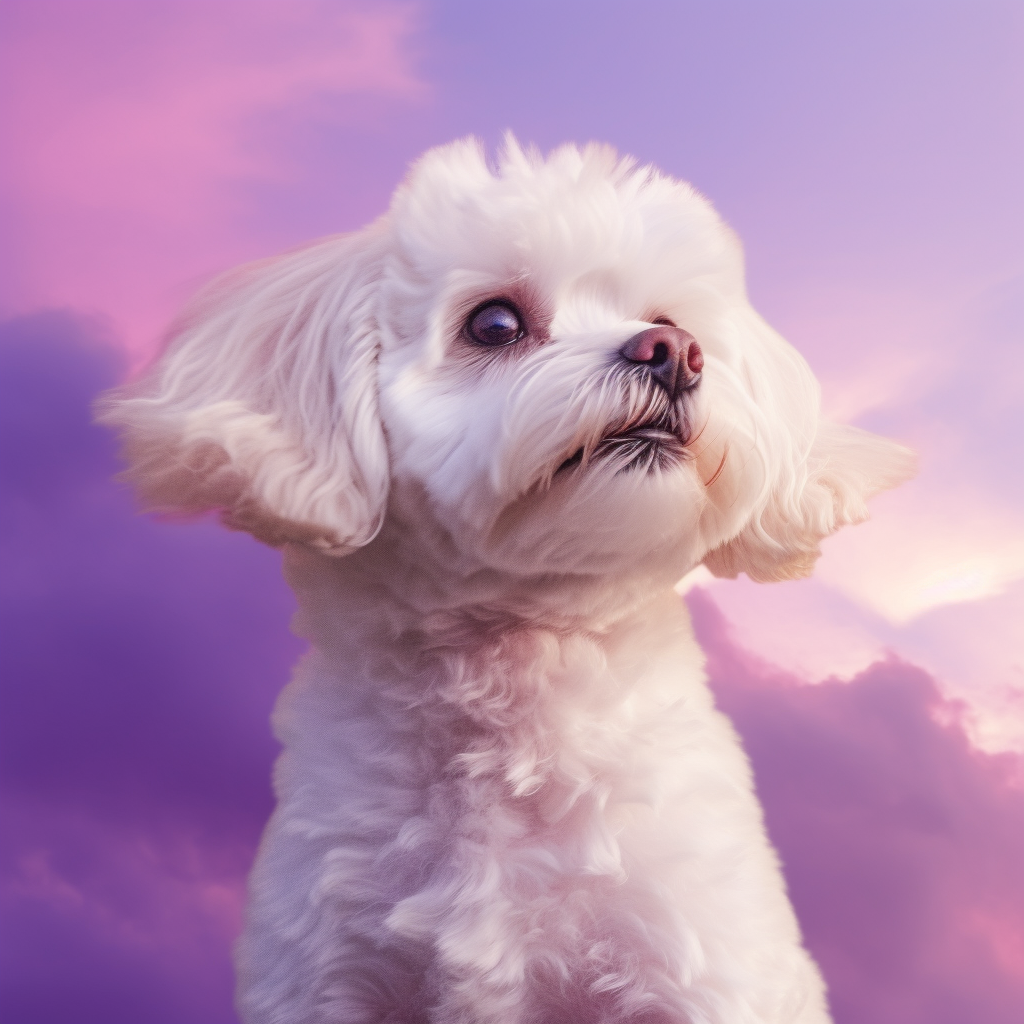 Side view of cute flying white Maltipoo