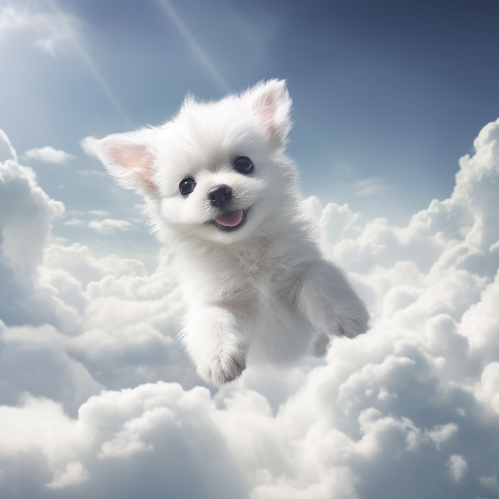 Cute white puppy flying in the sky