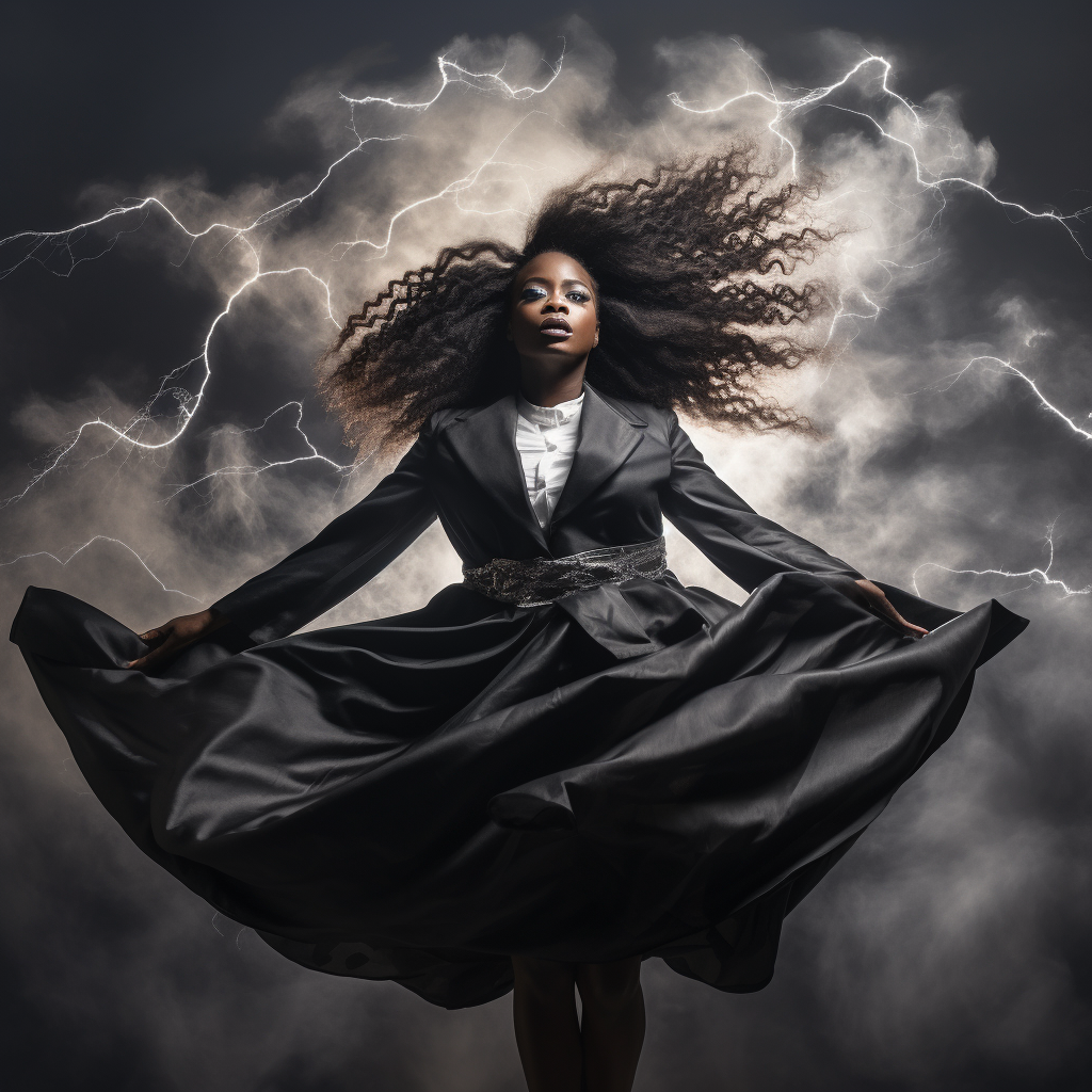 Black African Woman Flying in Thunderstorm