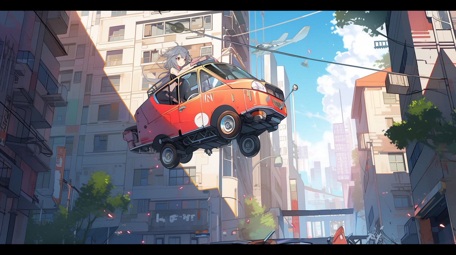 Futuristic flying car in urban landscape