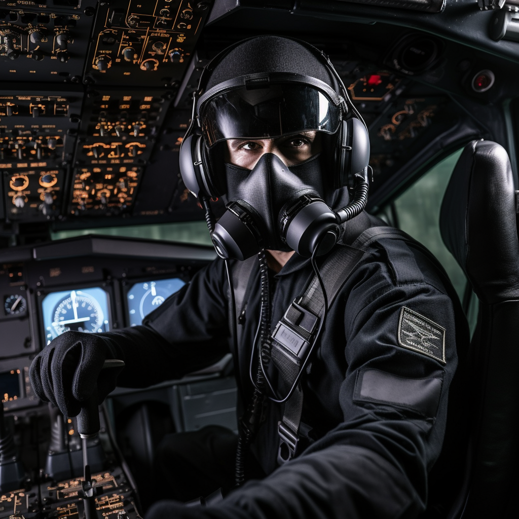 Detailed pilot flying a jet with mask