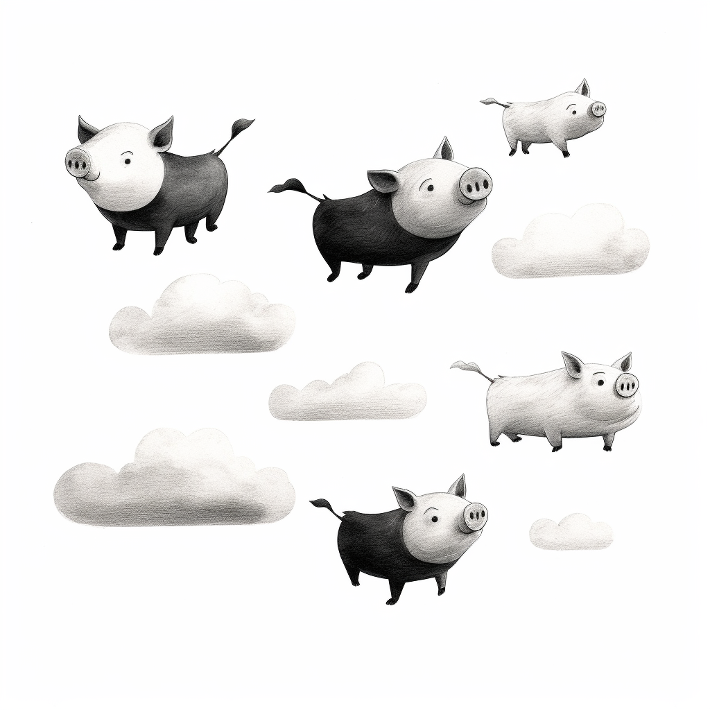 Whimsical flying pigs in black and white