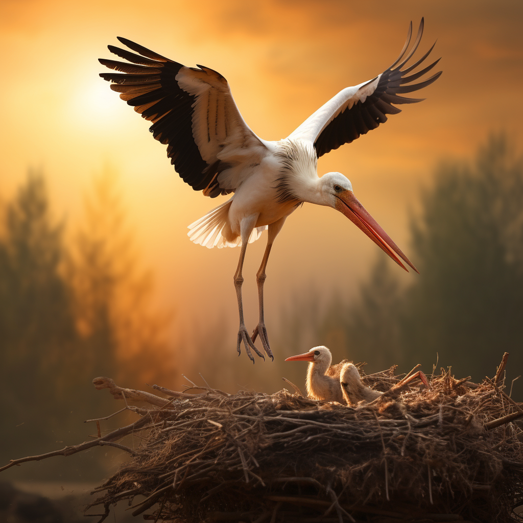 Beautiful flying storks returning to their nest