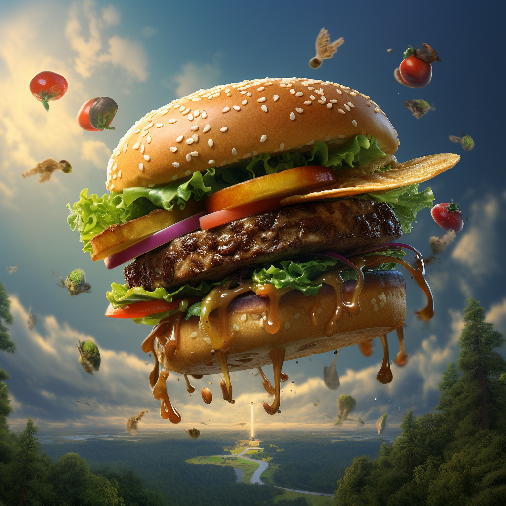 Vibrant flying veggie burger artwork