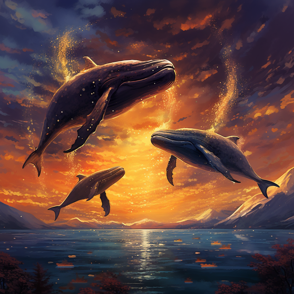 Three whales flying in the sky at sunset