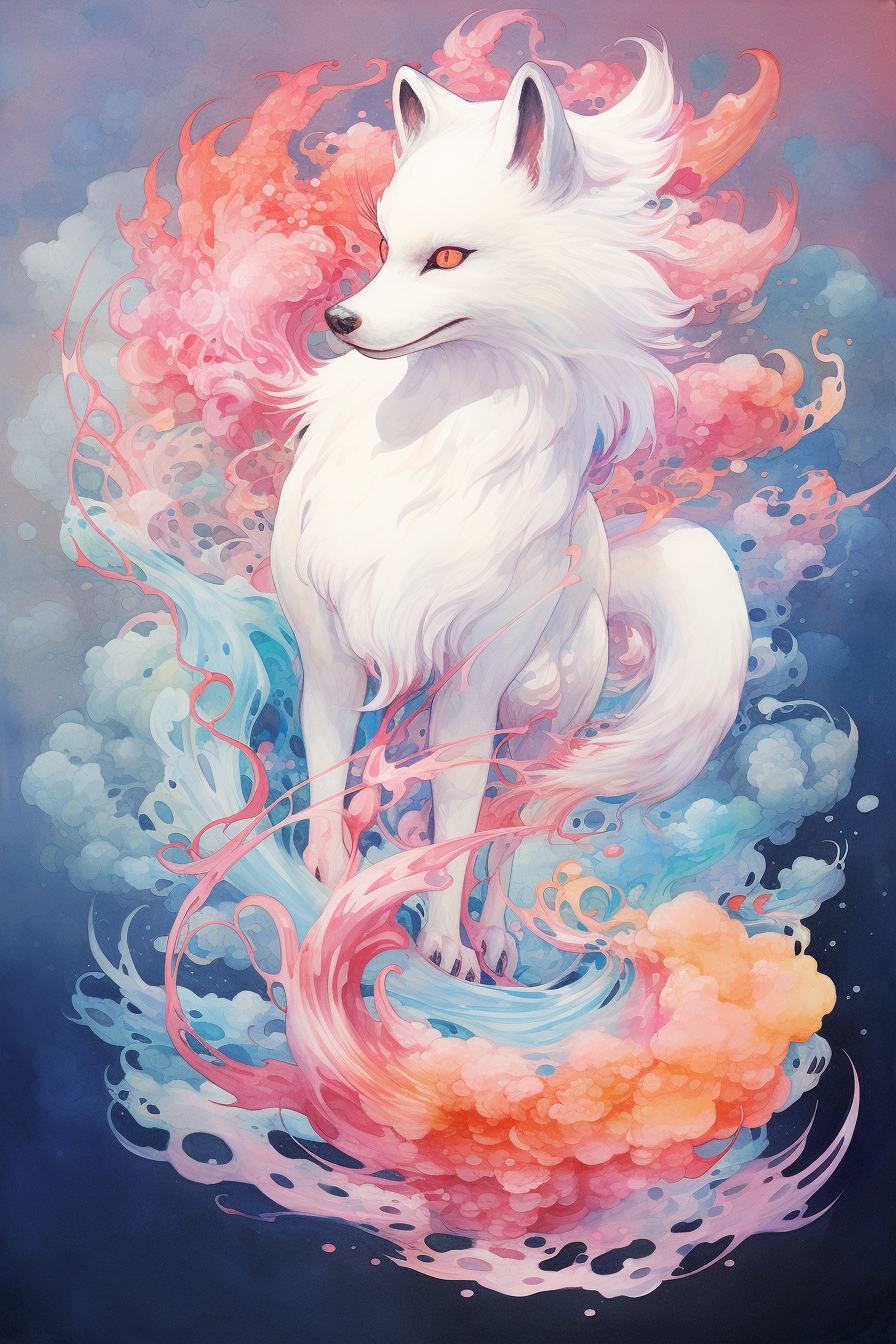 Illustration of a stunning flying white kitsune