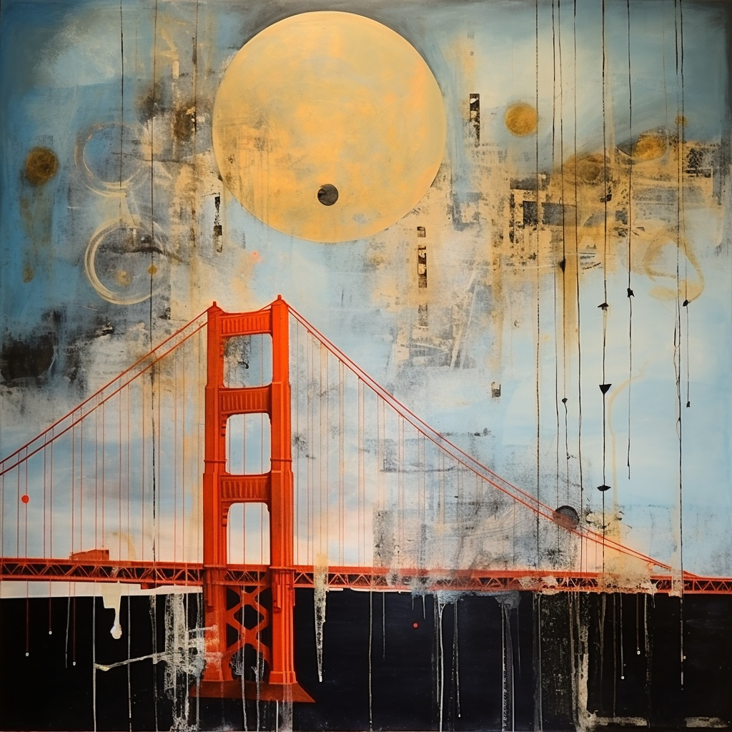 Surreal mixed media collage of fogbound Golden Gate Bridge